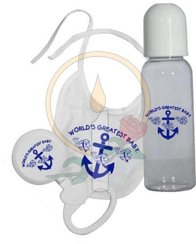 World's Greatest Baby (Navy) Bib, Bottle, Rattle Gift Set w/Ribb